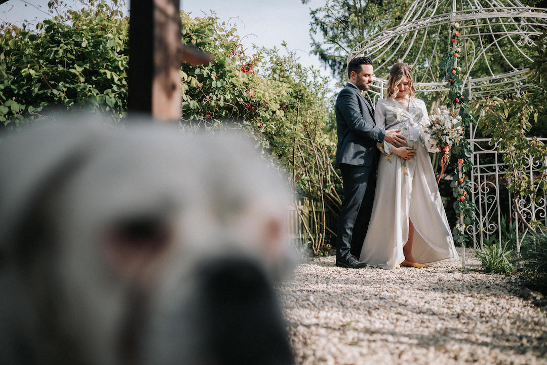 Brautpaar mit Hund im Vordergrund